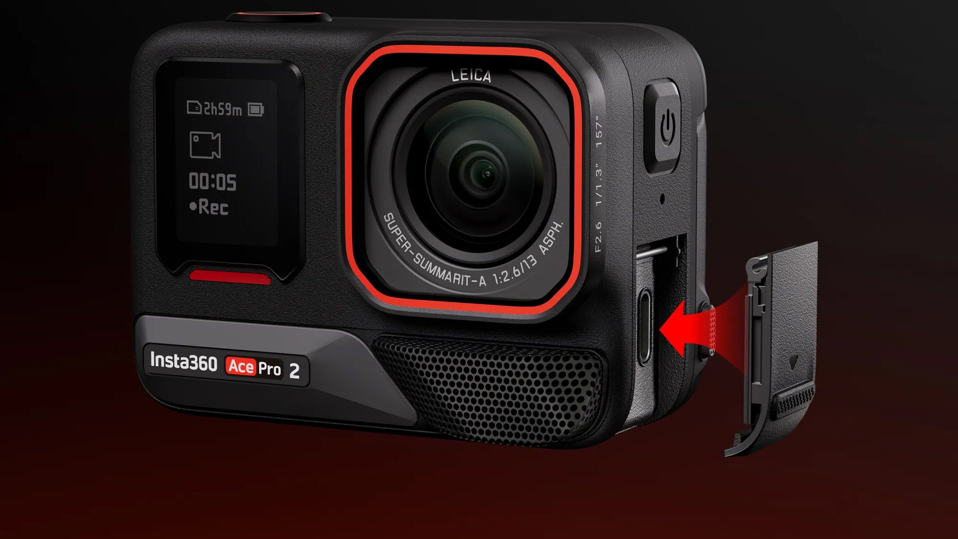 Close-up of the Insta360 Ace Pro 2 with its 1/1.3" sensor and Leica SUMMARIT lens